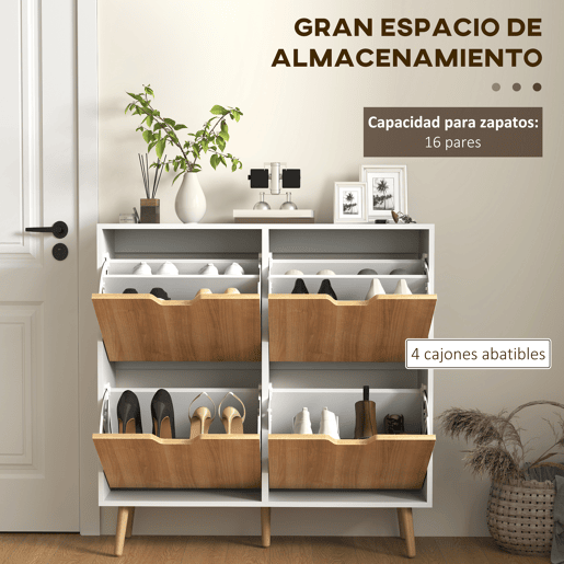 Sapateira estreita com 4 gavetas basculantes e prateleiras ajustáveis para 16 pares, 95x26x95 cm, nases natural e branca