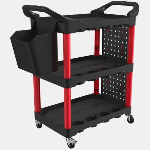 HOMCOM Carro de Oficina 3 Níveis com Painéis Perfurados, Pegas Laterais, Ganchos, Balde, para Garagem ou Casa, Preto e Vermelho