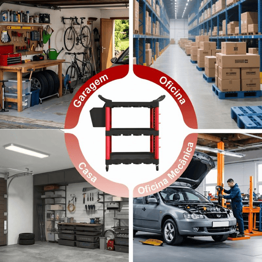 HOMCOM Carro de Oficina 3 Níveis com Painéis Perfurados, Pegas Laterais, Ganchos, Balde, para Garagem ou Casa, Preto e Vermelho
