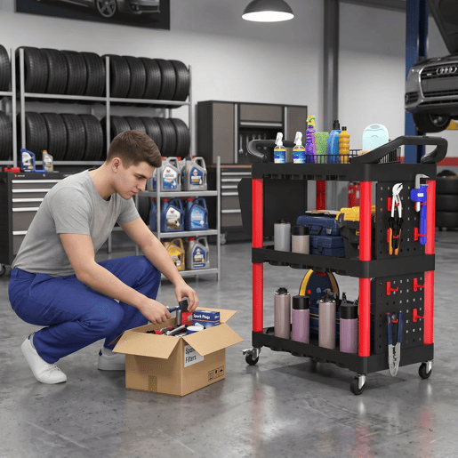 HOMCOM Carro de Oficina 3 Níveis com Painéis Perfurados, Pegas Laterais, Ganchos, Balde, para Garagem ou Casa, Preto e Vermelho