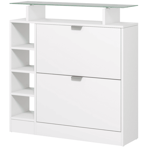 Sapateira com gavetas basculantes, prateleiras ajustáveis e prateleiras abertas para 12 pares de sapatos, 89x25x92 cm, branca Sapateira com gavetas basculantes, prateleiras ajustáveis e prateleiras abertas para 12 pares de sapatos, 89x25x92 cm, branca