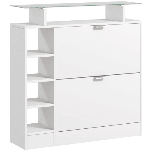 Sapateira com gavetas basculantes, prateleiras ajustáveis e prateleiras abertas para 12 pares de sapatos, 89x25x92 cm, branca Sapateira com gavetas basculantes, prateleiras ajustáveis e prateleiras abertas para 12 pares de sapatos, 89x25x92 cm, branca