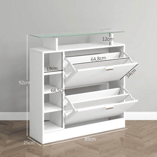 Sapateira com gavetas basculantes, prateleiras ajustáveis e prateleiras abertas para 12 pares de sapatos, 89x25x92 cm, branca Sapateira com gavetas basculantes, prateleiras ajustáveis e prateleiras abertas para 12 pares de sapatos, 89x25x92 cm, branca