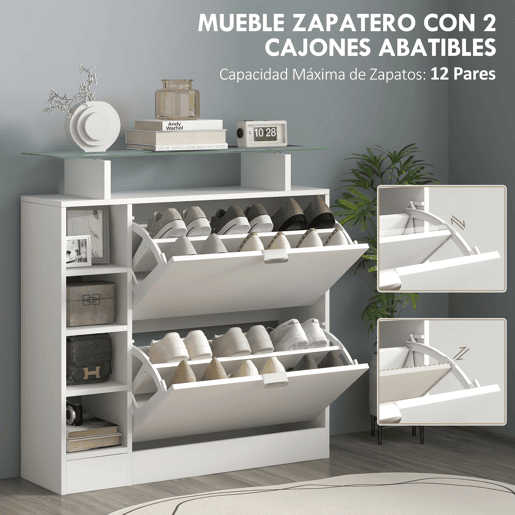 Sapateira com gavetas basculantes, prateleiras ajustáveis e prateleiras abertas para 12 pares de sapatos, 89x25x92 cm, branca Sapateira com gavetas basculantes, prateleiras ajustáveis e prateleiras abertas para 12 pares de sapatos, 89x25x92 cm, branca