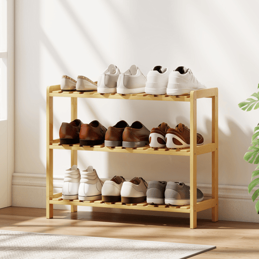 Sapateira de bambu com 3 níveis, prateleira para sapatos com capacidade para 9 pares, ideal para hall de entrada ouredor, 70x26x57,5 cm, natural Sapateira de bambu com 3 níveis, prateleira para sapatos com capacidade para 9 pares, ideal para hall de entrada ouredor, 70x26x57,5 cm, natural