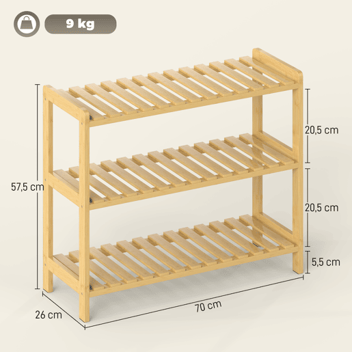 Sapateira de bambu com 3 níveis, prateleira para sapatos com capacidade para 9 pares, ideal para hall de entrada ouredor, 70x26x57,5 cm, natural Sapateira de bambu com 3 níveis, prateleira para sapatos com capacidade para 9 pares, ideal para hall de entrada ouredor, 70x26x57,5 cm, natural