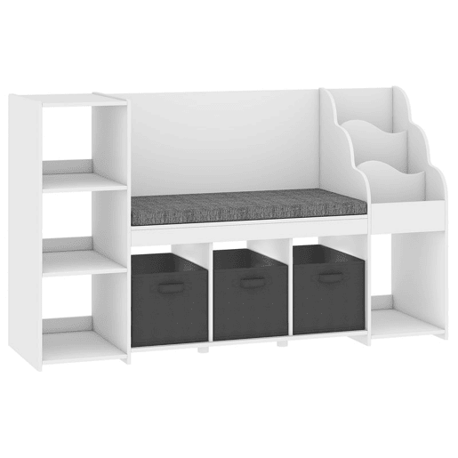 AIYAPLAY Estante Infantil para Brinquedos com Canto de Leitura, Organizador de Brinquedos com Almofada, 3 Gavetas de Tecido, 3 Prateleiras, 4 Compartimentos, 3-8 Anos, Quarto, Creche, 137x40x80 cm, Branco e Cinzento