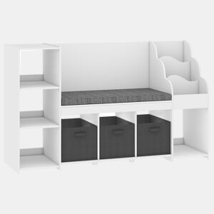 AIYAPLAY Estante Infantil para Brinquedos com Canto de Leitura, Organizador de Brinquedos com Almofada, 3 Gavetas de Tecido, 3 Prateleiras, 4 Compartimentos, 3-8 Anos, Quarto, Creche, 137x40x80 cm, Branco e Cinzento