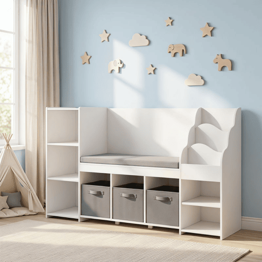 AIYAPLAY Estante Infantil para Brinquedos com Canto de Leitura, Organizador de Brinquedos com Almofada, 3 Gavetas de Tecido, 3 Prateleiras, 4 Compartimentos, 3-8 Anos, Quarto, Creche, 137x40x80 cm, Branco e Cinzento