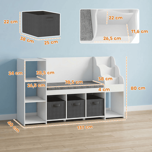 AIYAPLAY Estante Infantil para Brinquedos com Canto de Leitura, Organizador de Brinquedos com Almofada, 3 Gavetas de Tecido, 3 Prateleiras, 4 Compartimentos, 3-8 Anos, Quarto, Creche, 137x40x80 cm, Branco e Cinzento