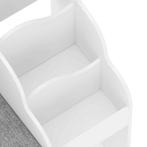 AIYAPLAY Estante Infantil para Brinquedos com Canto de Leitura, Organizador de Brinquedos com Almofada, 3 Gavetas de Tecido, 3 Prateleiras, 4 Compartimentos, 3-8 Anos, Quarto, Creche, 137x40x80 cm, Branco e Cinzento