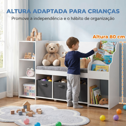 AIYAPLAY Estante Infantil para Brinquedos com Canto de Leitura, Organizador de Brinquedos com Almofada, 3 Gavetas de Tecido, 3 Prateleiras, 4 Compartimentos, 3-8 Anos, Quarto, Creche, 137x40x80 cm, Branco e Cinzento