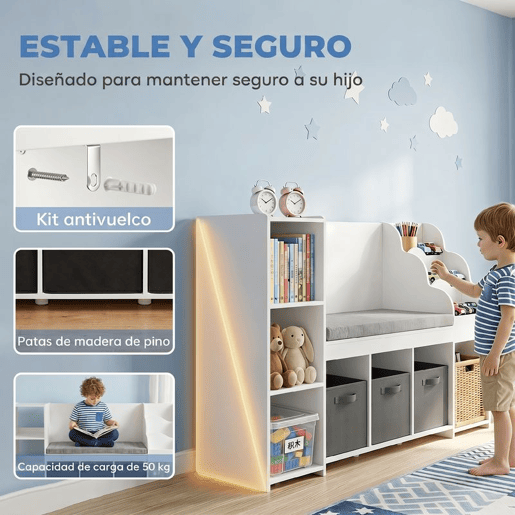 AIYAPLAY Estante Infantil para Brinquedos com Canto de Leitura, Organizador de Brinquedos com Almofada, 3 Gavetas de Tecido, 3 Prateleiras, 4 Compartimentos, 3-8 Anos, Quarto, Creche, 137x40x80 cm, Branco e Cinzento