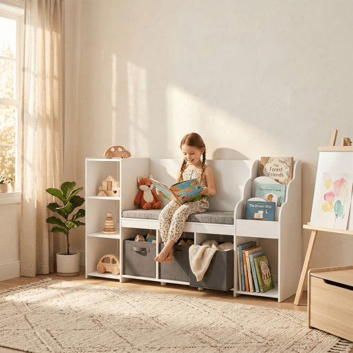 AIYAPLAY Estante Infantil para Brinquedos com Canto de Leitura, Organizador de Brinquedos com Almofada, 3 Gavetas de Tecido, 3 Prateleiras, 4 Compartimentos, 3-8 Anos, Quarto, Creche, 137x40x80 cm, Branco e Cinzento