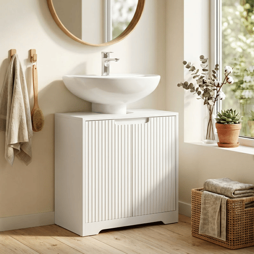 HOMCOM Armário Inferior para Lavatório, Móvel de Banheiro com Portas de Fecho Suave e Design Canelado, 2 Prateleiras, para Lavatório com ou sem Pedestal, 60x30x60 cm, Branco
