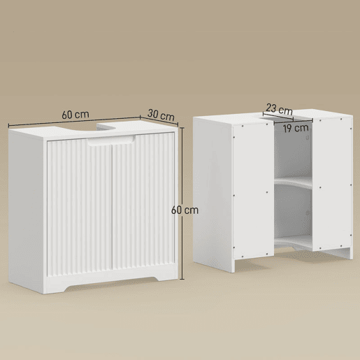 HOMCOM Armário Inferior para Lavatório, Móvel de Banheiro com Portas de Fecho Suave e Design Canelado, 2 Prateleiras, para Lavatório com ou sem Pedestal, 60x30x60 cm, Branco