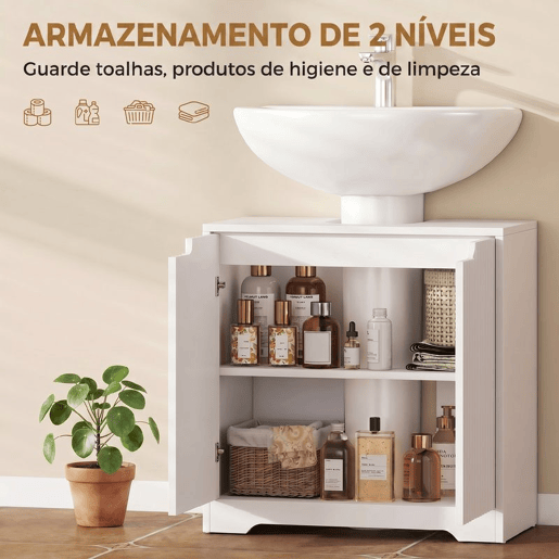 HOMCOM Armário Inferior para Lavatório, Móvel de Banheiro com Portas de Fecho Suave e Design Canelado, 2 Prateleiras, para Lavatório com ou sem Pedestal, 60x30x60 cm, Branco