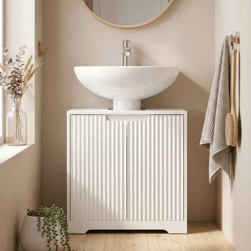 HOMCOM Armário Inferior para Lavatório, Móvel de Banheiro com Portas de Fecho Suave e Design Canelado, 2 Prateleiras, para Lavatório com ou sem Pedestal, 60x30x60 cm, Branco
