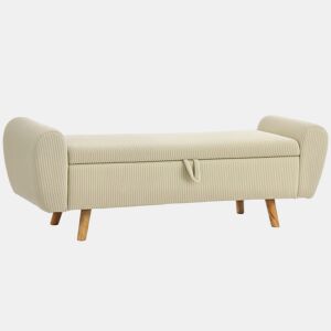 HOMCOM Banco de Arrumação 150 cm, Puff Estofado em Veludo, Banco de Fundo de Cama com Braços Arredondados e Pés de Madeira, Otomana para Quarto, Sala ou Hall, Bege