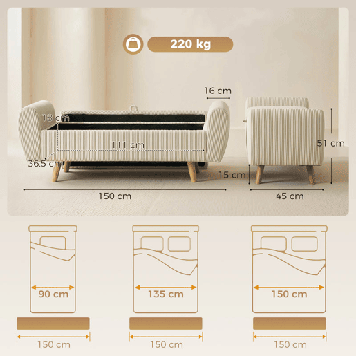 HOMCOM Banco de Arrumação 150 cm, Puff Estofado em Veludo, Banco de Fundo de Cama com Braços Arredondados e Pés de Madeira, Otomana para Quarto, Sala ou Hall, Bege HOMCOM Banco de Arrumação 150 cm, Puff Estofado em Veludo, Banco de Fundo de Cama com Braços Arredondados e Pés de Madeira, Otomana para Quarto, Sala ou Hall, Bege