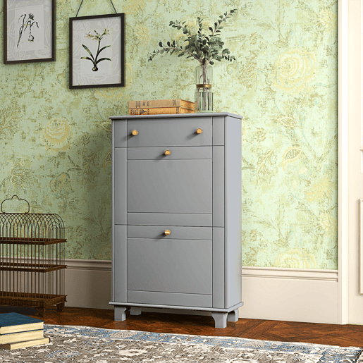 Sapateira estreita com 2 portas de abrir e 1 gaveta para 8 pares de sapatos, 60x23,5x98,5 cm, cinza