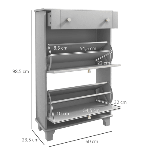 Sapateira estreita com 2 portas de abrir e 1 gaveta para 8 pares de sapatos, 60x23,5x98,5 cm, cinza