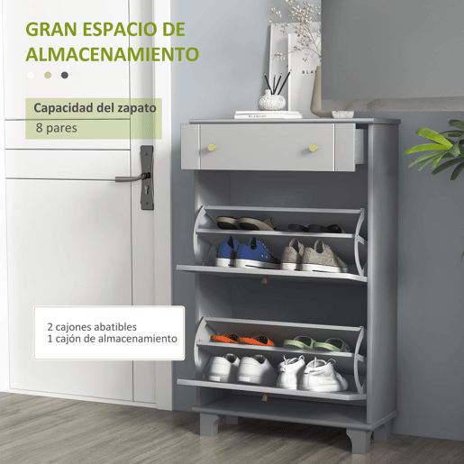 Sapateira estreita com 2 portas de abrir e 1 gaveta para 8 pares de sapatos, 60x23,5x98,5 cm, cinza