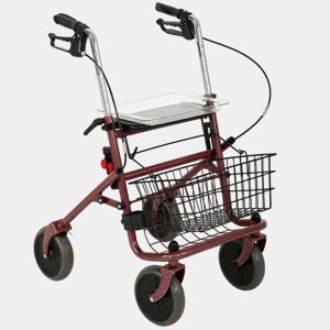 HOMCOM Andarilho Dobrável para Idosos, Andarilhos para Adultos com Assento e 4 Rodas Altura Ajustável Travões de Mão Cesto Bandeja e Suporte de Bengala Vermelho Vinho
