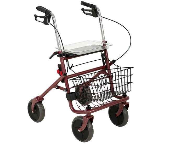 Homcom andador para ancianos plegable, andadores adultos para personas mayores con asiento y 4 ruedas altura ajustable frenos de maneta cesta bandeja y porta bastón rojo vino