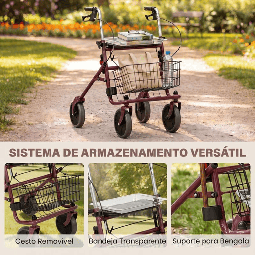 HOMCOM Andarilho Dobrável para Idosos, Andarilhos para Adultos com Assento e 4 Rodas Altura Ajustável Travões de Mão Cesto Bandeja e Suporte de Bengala Vermelho Vinho HOMCOM Andarilho Dobrável para Idosos, Andarilhos para Adultos com Assento e 4 Rodas Altura Ajustável Travões de Mão Cesto Bandeja e Suporte de Bengala Vermelho Vinho