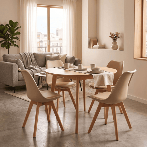Conjunto de 4 cadeiras de jantar estilo bistrô, cadeiras de cozinha nórdicas, bege e madeira.