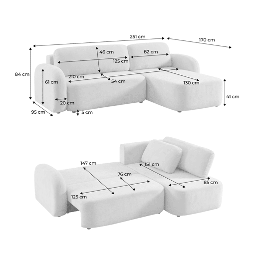 Sofá-cama de canto reversível com chaise longue, cama e baú, 3 lugares Taupe - 251x170x84 cm Sofá-cama de canto reversível com chaise longue, cama e baú, 3 lugares Taupe - 251x170x84 cm