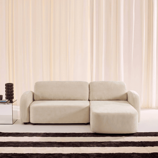 Sofá-cama de canto reversível com chaise longue, cama e baú, 3 lugares, Nouma, Branco sujo, 251x170x84 cm Sofá-cama de canto reversível com chaise longue, cama e baú, 3 lugares, Nouma, Branco sujo, 251x170x84 cm