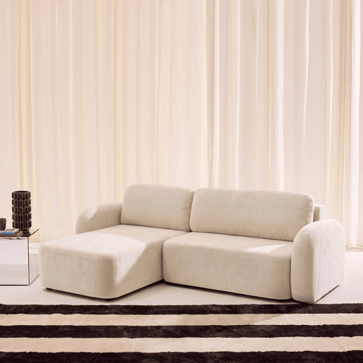 Sofá-cama de canto reversível com chaise longue, cama e baú, 3 lugares, Nouma, Branco sujo, 251x170x84 cm Sofá-cama de canto reversível com chaise longue, cama e baú, 3 lugares, Nouma, Branco sujo, 251x170x84 cm