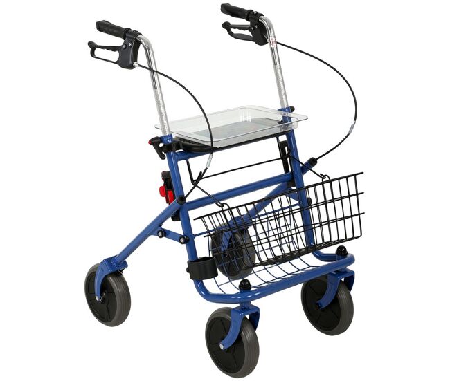 Homcom andador para ancianos plegable, andadores adultos para personas mayores con asiento y 4 ruedas altura ajustable frenos de maneta cesta bandeja y porta bastón azul