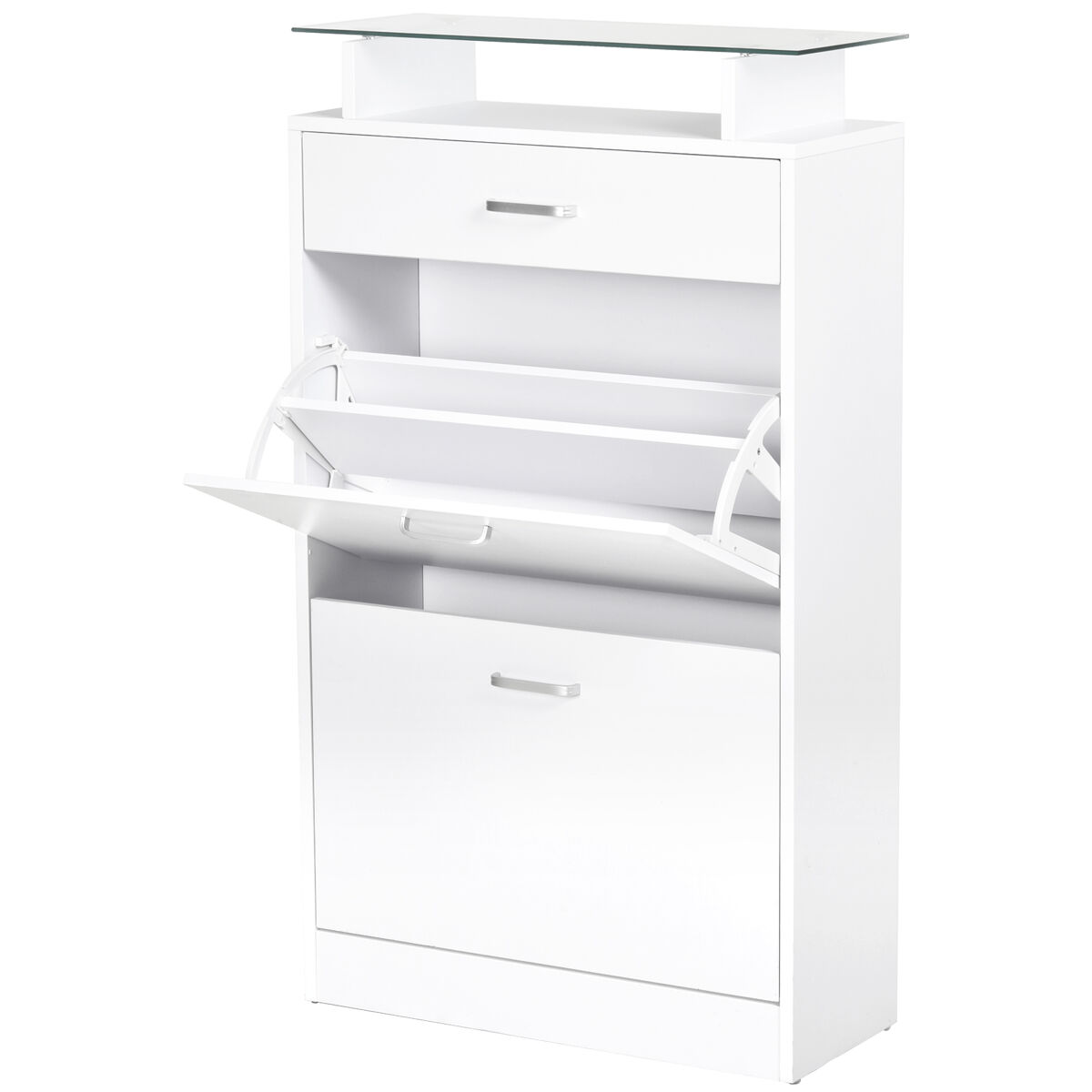 Mueble zapatero armario zapatero con 3 cajones estante de vidrio y asa de aluminio para pasillo 60x24x105,5 cm blanco