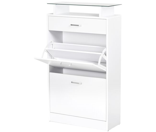 Mueble zapatero armario zapatero con 3 cajones estante de vidrio y asa de aluminio para pasillo 60x24x105,5 cm blanco