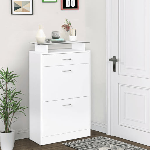 Sapateira com 3 gavetas, prateleira de vidro e puxador de alumínio para hall de entrada, 60x24x105,5 cm, branca Sapateira com 3 gavetas, prateleira de vidro e puxador de alumínio para hall de entrada, 60x24x105,5 cm, branca