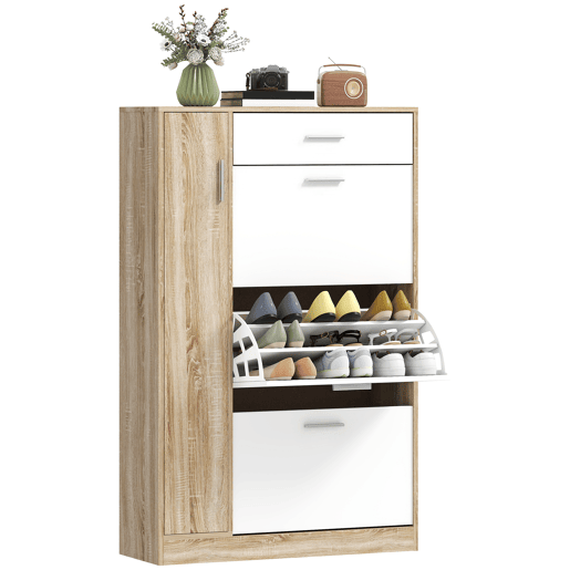 Sapateira de 3 portas para 18 a 27 pares de sapatos, sapateira moderna com gaveta e porta, 84 x 30 x 132 cm, natural Sapateira de 3 portas para 18 a 27 pares de sapatos, sapateira moderna com gaveta e porta, 84 x 30 x 132 cm, natural