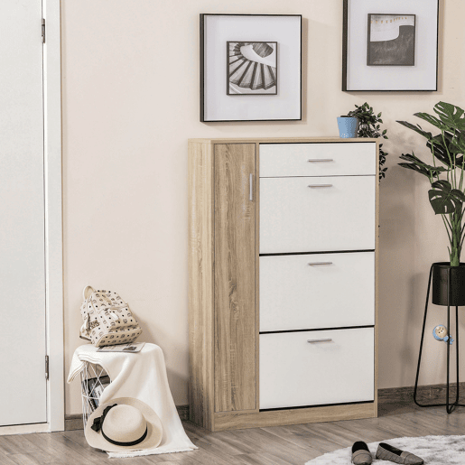 Sapateira de 3 portas para 18 a 27 pares de sapatos, sapateira moderna com gaveta e porta, 84 x 30 x 132 cm, natural Sapateira de 3 portas para 18 a 27 pares de sapatos, sapateira moderna com gaveta e porta, 84 x 30 x 132 cm, natural