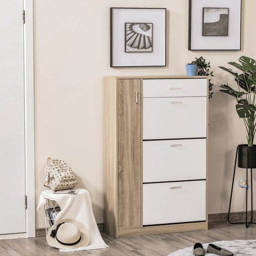 Sapateira de 3 portas para 18 a 27 pares de sapatos, sapateira moderna com gaveta e porta, 84 x 30 x 132 cm, natural Sapateira de 3 portas para 18 a 27 pares de sapatos, sapateira moderna com gaveta e porta, 84 x 30 x 132 cm, natural
