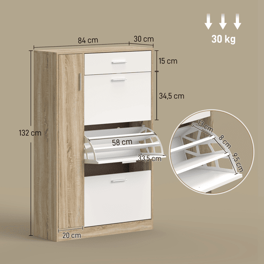 Sapateira de 3 portas para 18 a 27 pares de sapatos, sapateira moderna com gaveta e porta, 84 x 30 x 132 cm, natural Sapateira de 3 portas para 18 a 27 pares de sapatos, sapateira moderna com gaveta e porta, 84 x 30 x 132 cm, natural