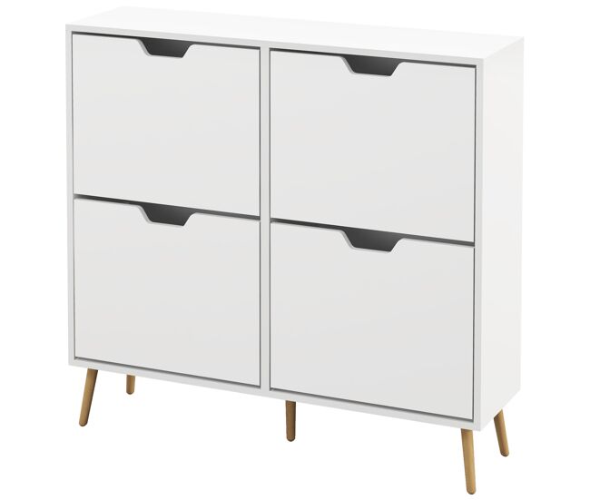 Zapatero estrecho con 4 cajones abatibles y patas de madera mueble zapatero para 16 pares 95x26x95 cm blanco