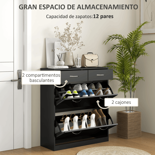 Sapateira estreita com 2 gavetas basculantes para 12 pares de sapatos, 80x30x91,5 cm, preta
