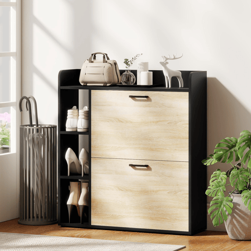 Sapateira estreita com 2 portas, 3 prateleiras laterais e prateleiras ajustáveis para 15 pares de sapatos, nases natural e preta Sapateira estreita com 2 portas, 3 prateleiras laterais e prateleiras ajustáveis para 15 pares de sapatos, nases natural e preta