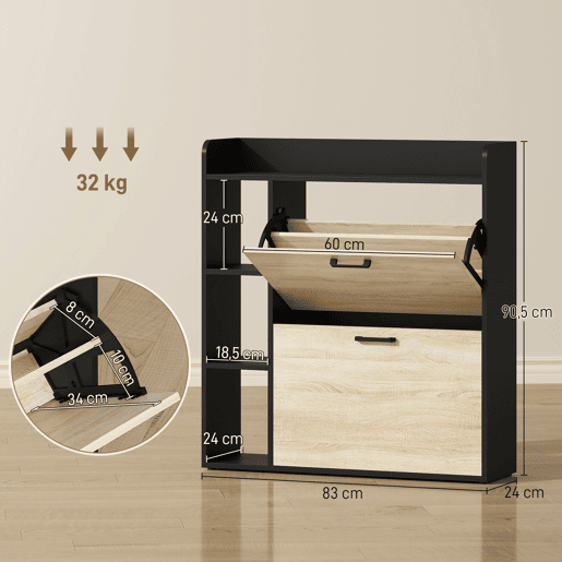 Sapateira estreita com 2 portas, 3 prateleiras laterais e prateleiras ajustáveis para 15 pares de sapatos, nases natural e preta Sapateira estreita com 2 portas, 3 prateleiras laterais e prateleiras ajustáveis para 15 pares de sapatos, nases natural e preta