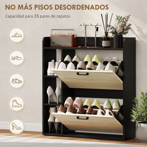 Sapateira estreita com 2 portas, 3 prateleiras laterais e prateleiras ajustáveis para 15 pares de sapatos, nases natural e preta Sapateira estreita com 2 portas, 3 prateleiras laterais e prateleiras ajustáveis para 15 pares de sapatos, nases natural e preta