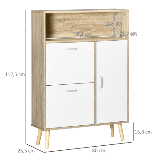 Sapateira para 8 pares de sapatos com 2 gavetas basculantes, armário e prateleira, 80x25,5x112,5 cm,es natural e branca