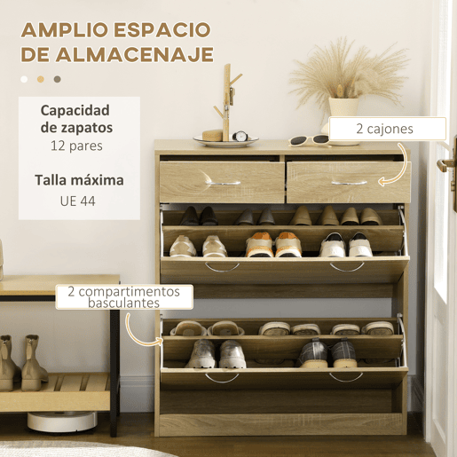 Sapateira estreita com 2 gavetas basculantes para 12 pares de sapatos, 80x30x91,5 cm, carvalho Sapateira estreita com 2 gavetas basculantes para 12 pares de sapatos, 80x30x91,5 cm, carvalho