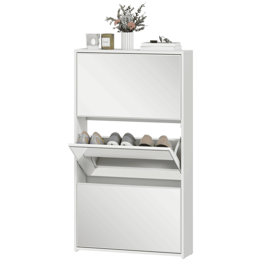 Sapateira pararedor com 3 portas e espelho, sapateira estreita para 9 pares de sapatos, 65x17x114,5 cm, branca Sapateira pararedor com 3 portas e espelho, sapateira estreita para 9 pares de sapatos, 65x17x114,5 cm, branca